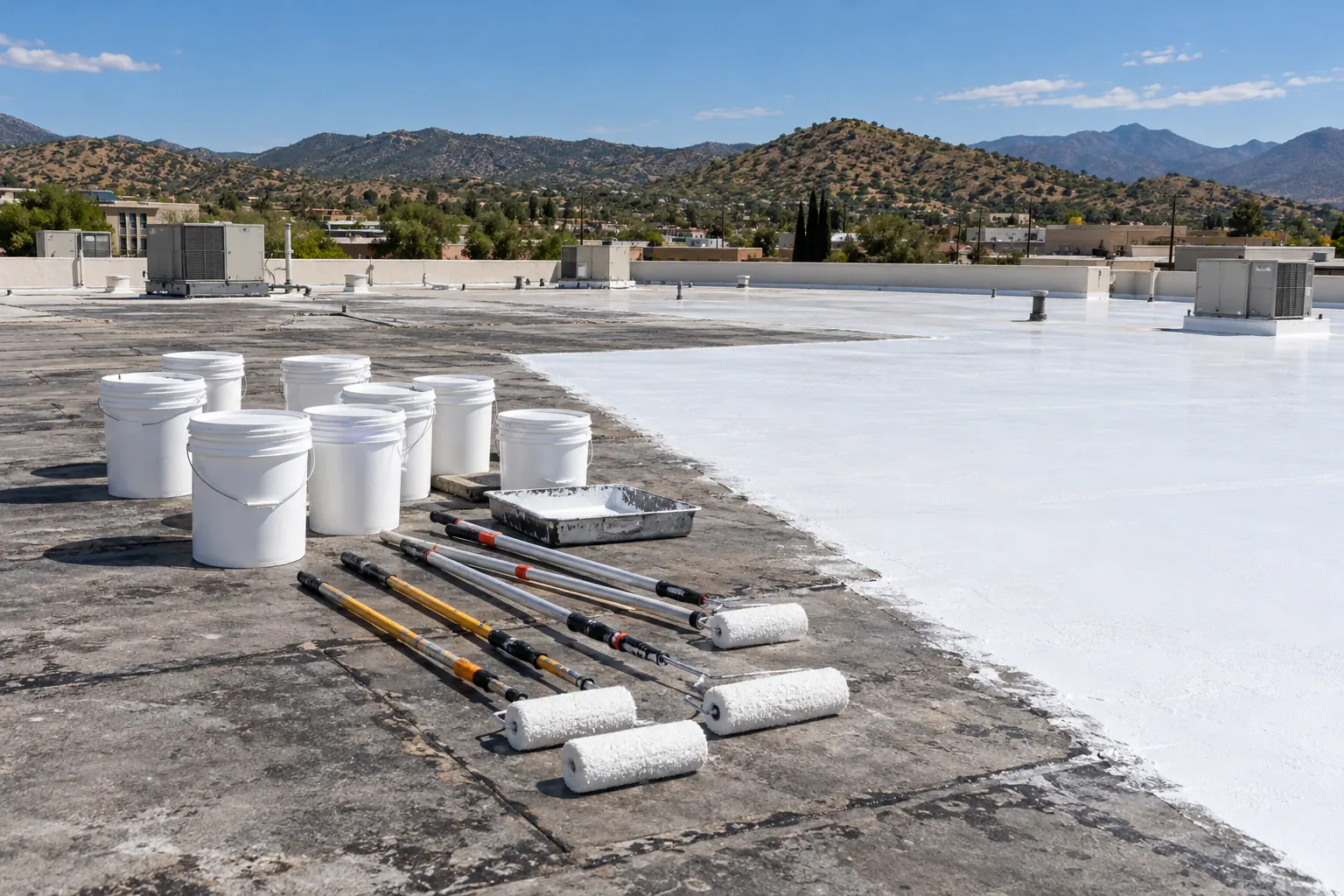 Coating pails, rollers, and extension poles staged on a low-slope roof beside an uncoated section