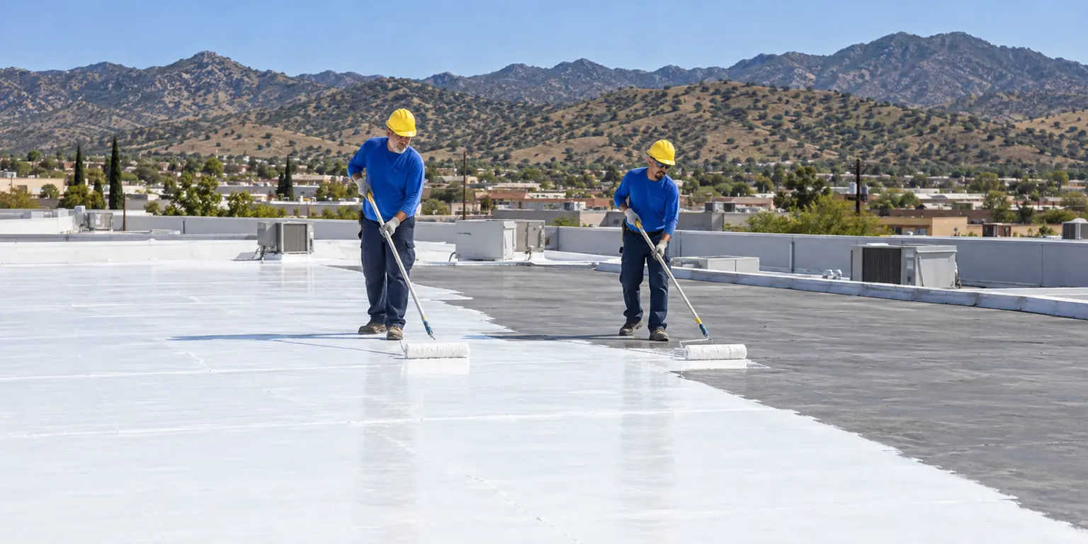 Two roofers rolling white acrylic coating over a low-slope commercial roof