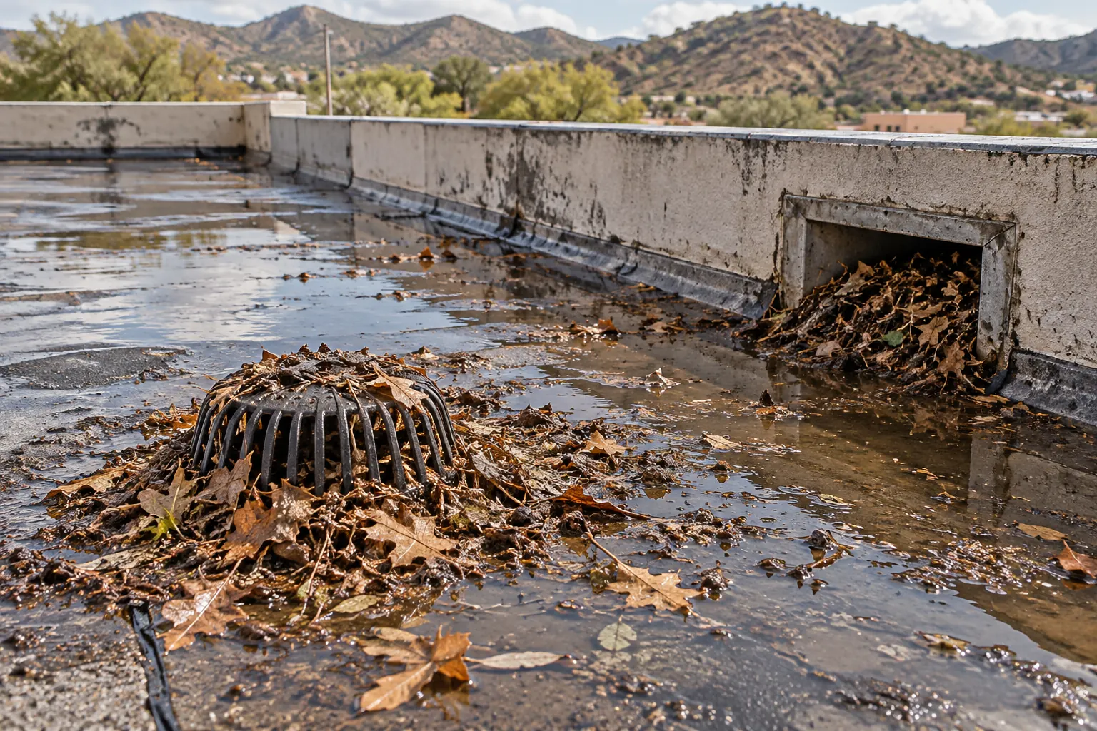 Roof drain and scupper packed with leaves and dust with water standing around them