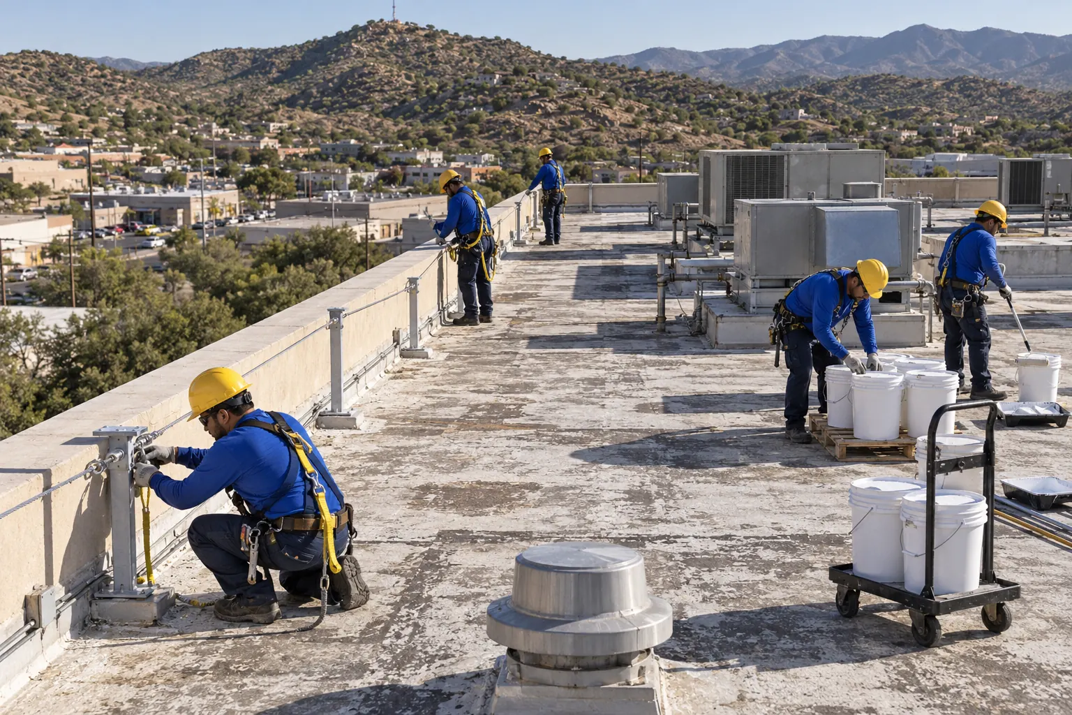 Crew setting a fall-protection line and staging coating pails on a flat roof