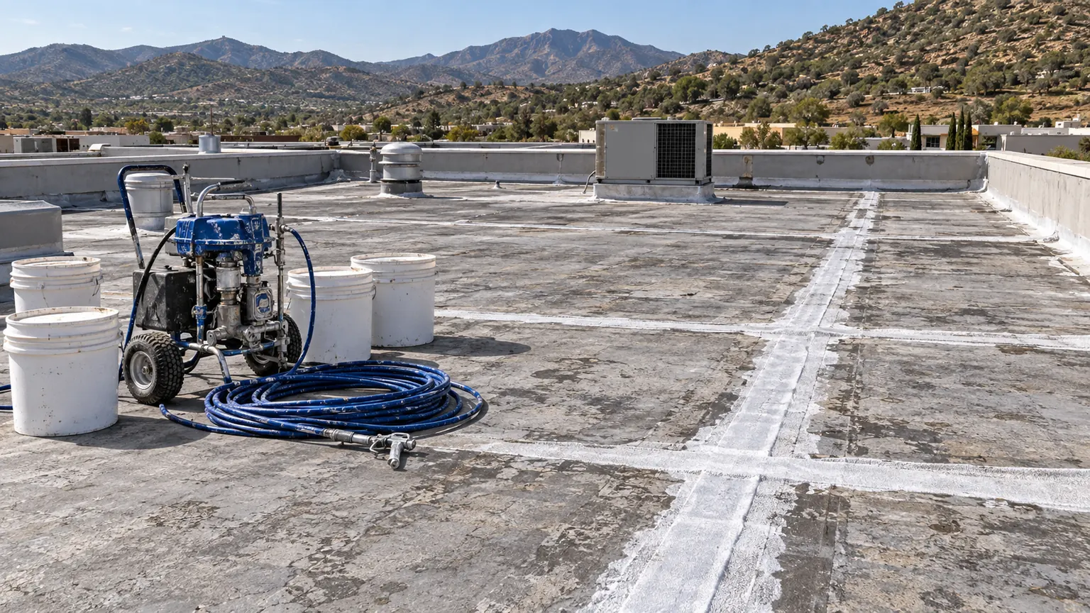Flat roof seams reinforced with fabric and sealant next to a staged spray rig