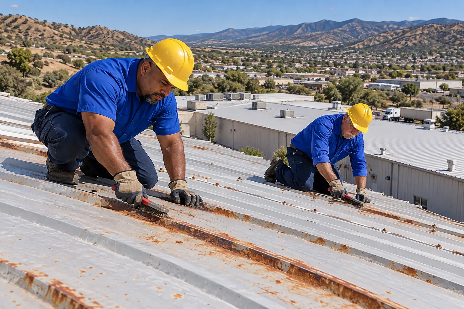 Roofers wire-brushing rust along metal panel laps before priming