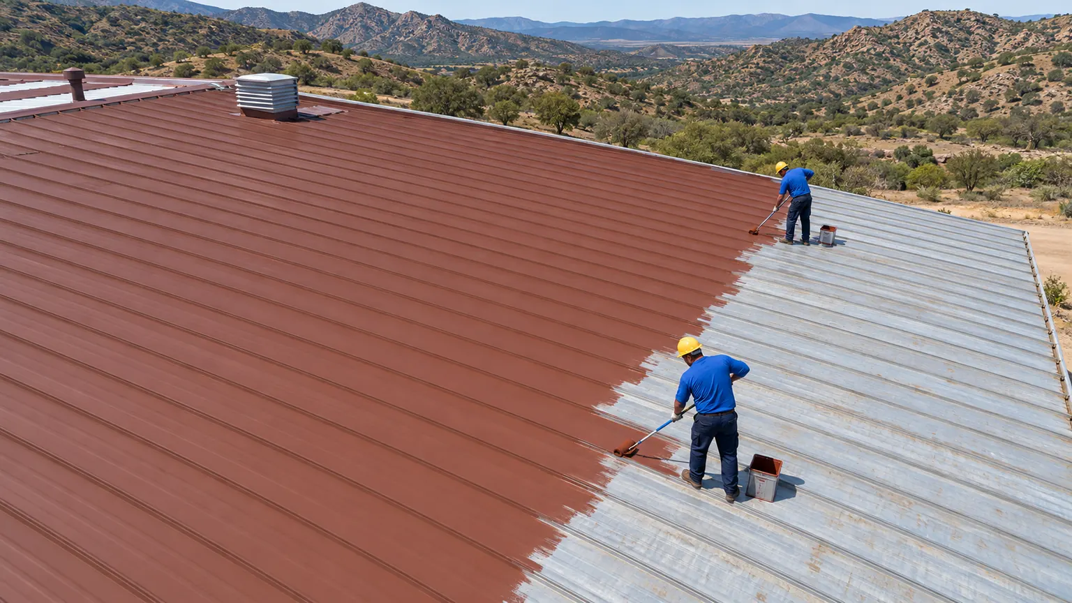 Two roofers rolling red-brown rust primer across a ribbed metal warehouse roof