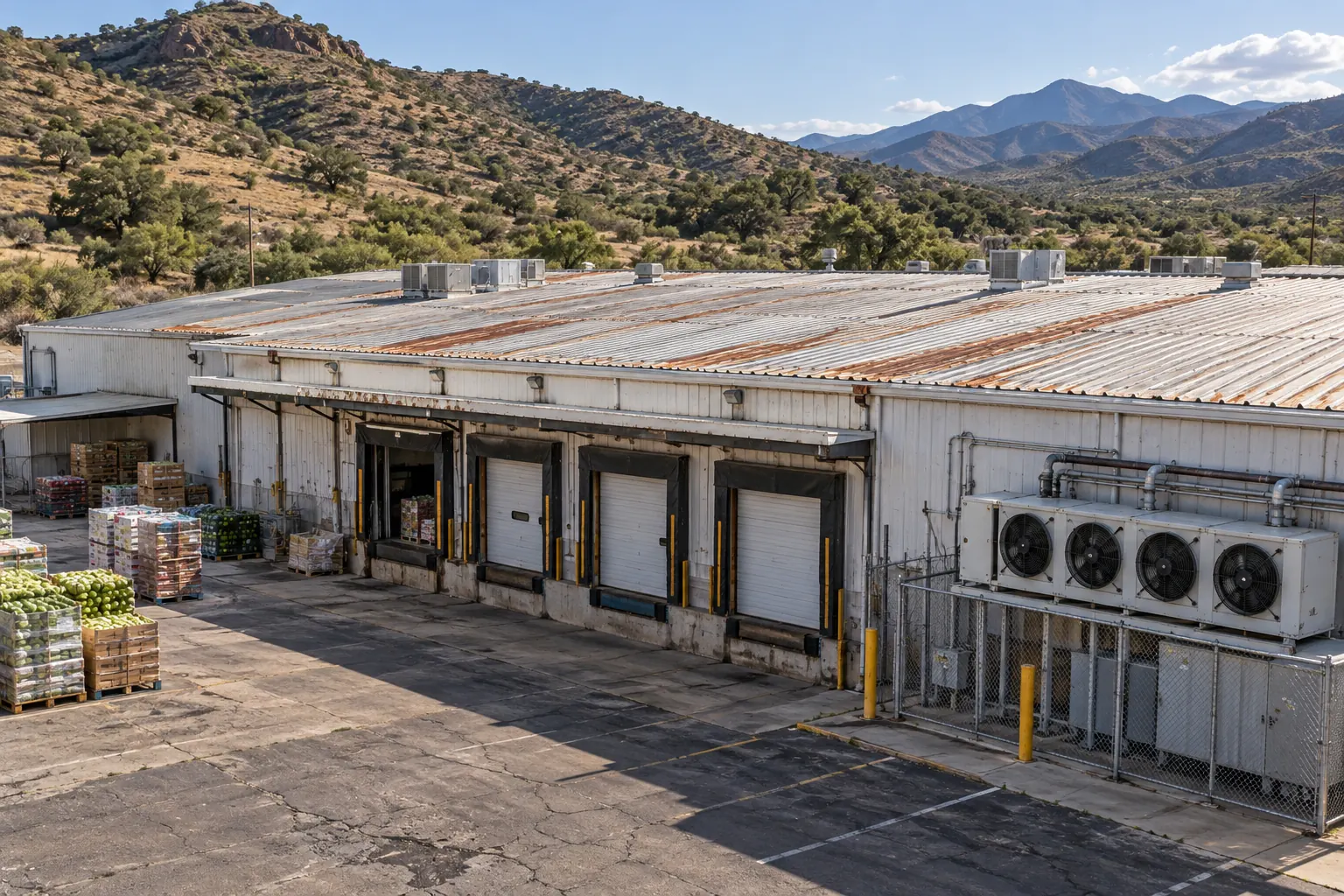 Produce cold-storage building with a rusting metal roof and rooftop refrigeration units