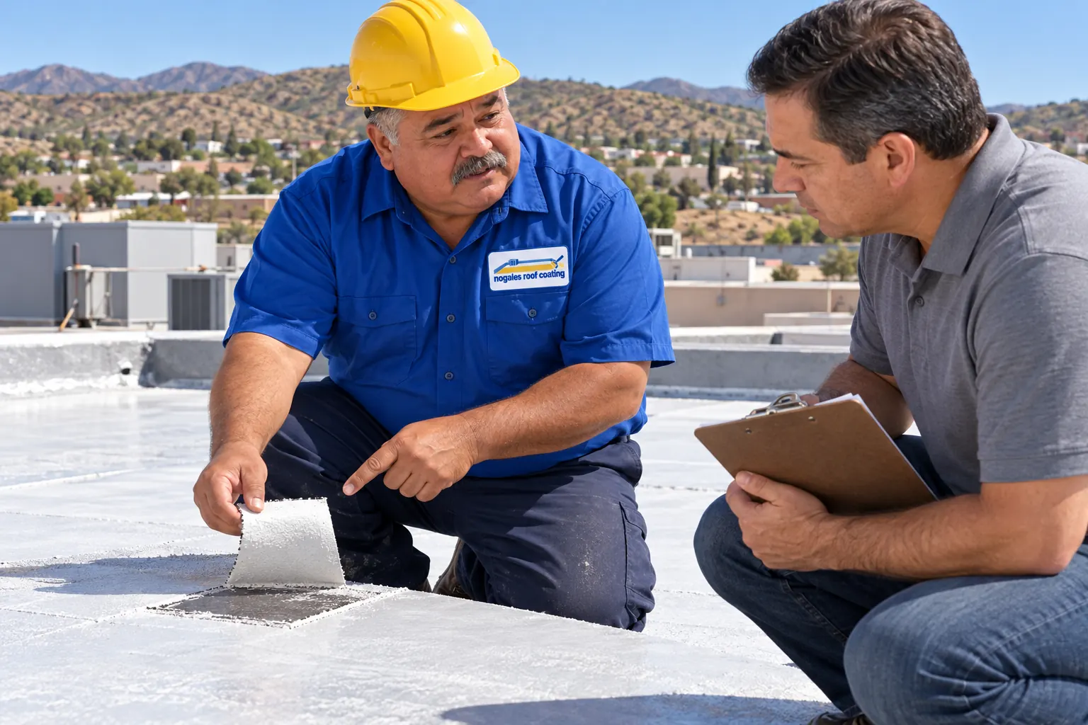 Roofer showing a facility manager an adhesion test patch on a flat commercial roof