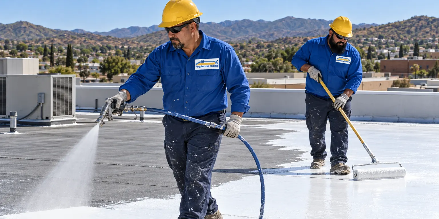 Roofers spraying white silicone coating and back-rolling it on a gray flat roof in Nogales, AZ