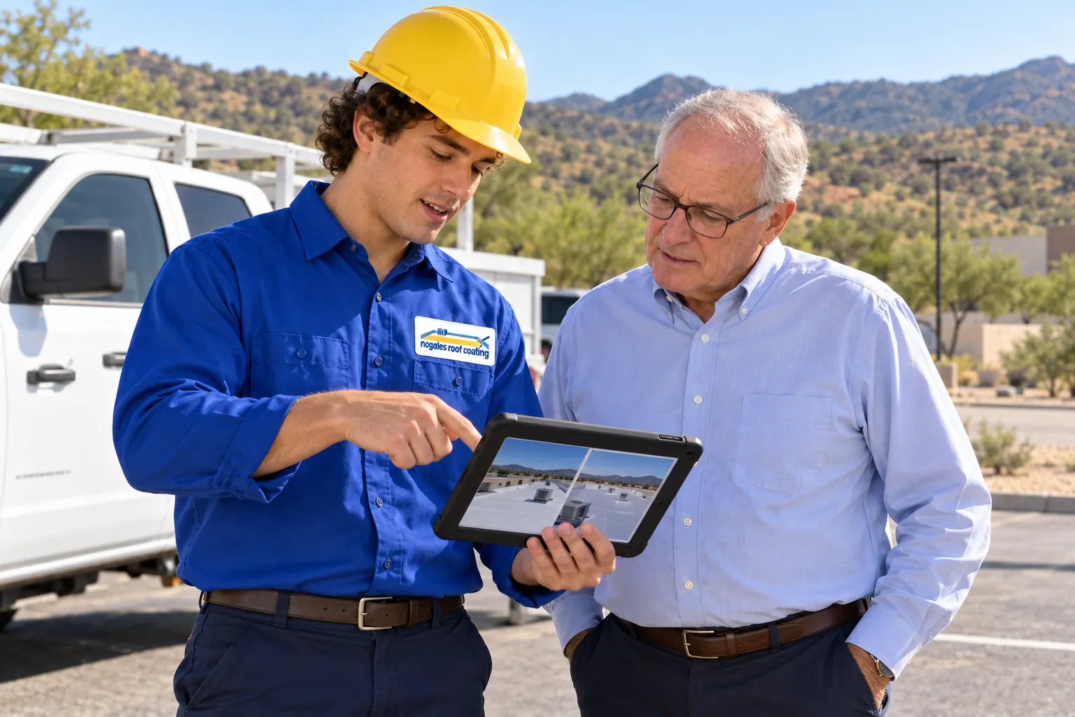 Roofer reviewing roof photos on a tablet with a building owner beside a work truck