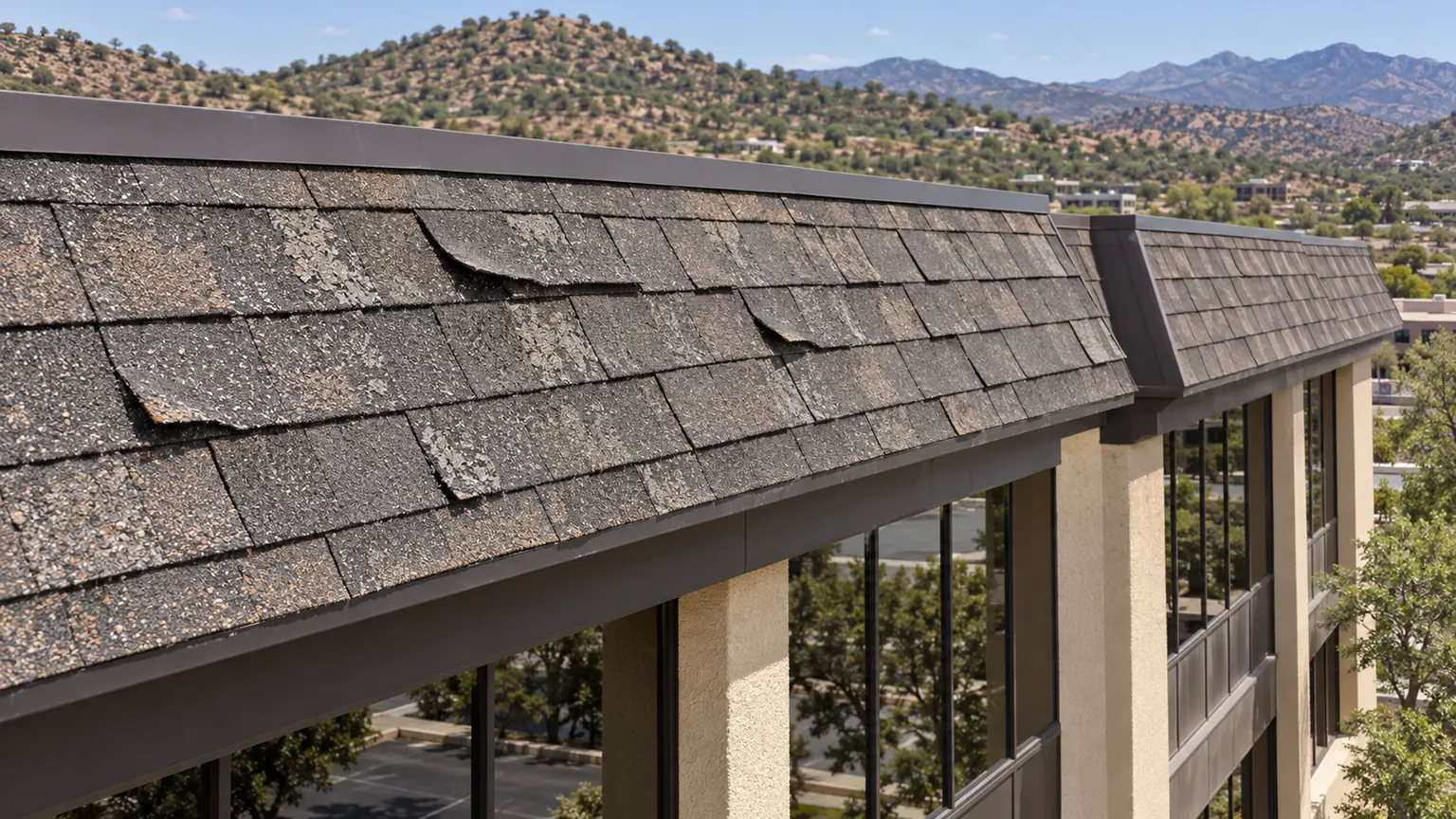 Granule loss and curled shingle tabs along a commercial mansard roof