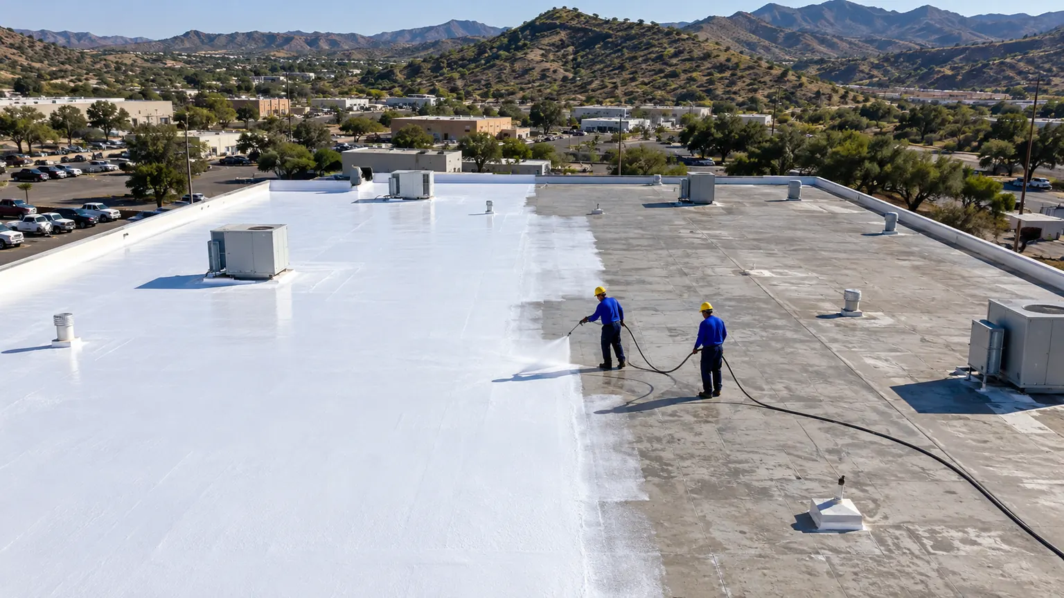 Drone view of a crew spraying a lane of white silicone across a large flat roof