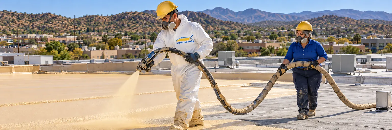 Roofer in a protective coverall spraying polyurethane foam on a flat roof while a coworker tends the hose