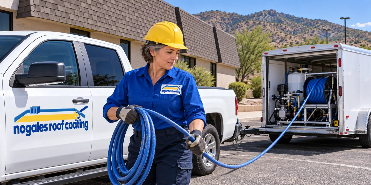 Roofer uncoiling spray hose from a coating rig trailer beside a commercial office building