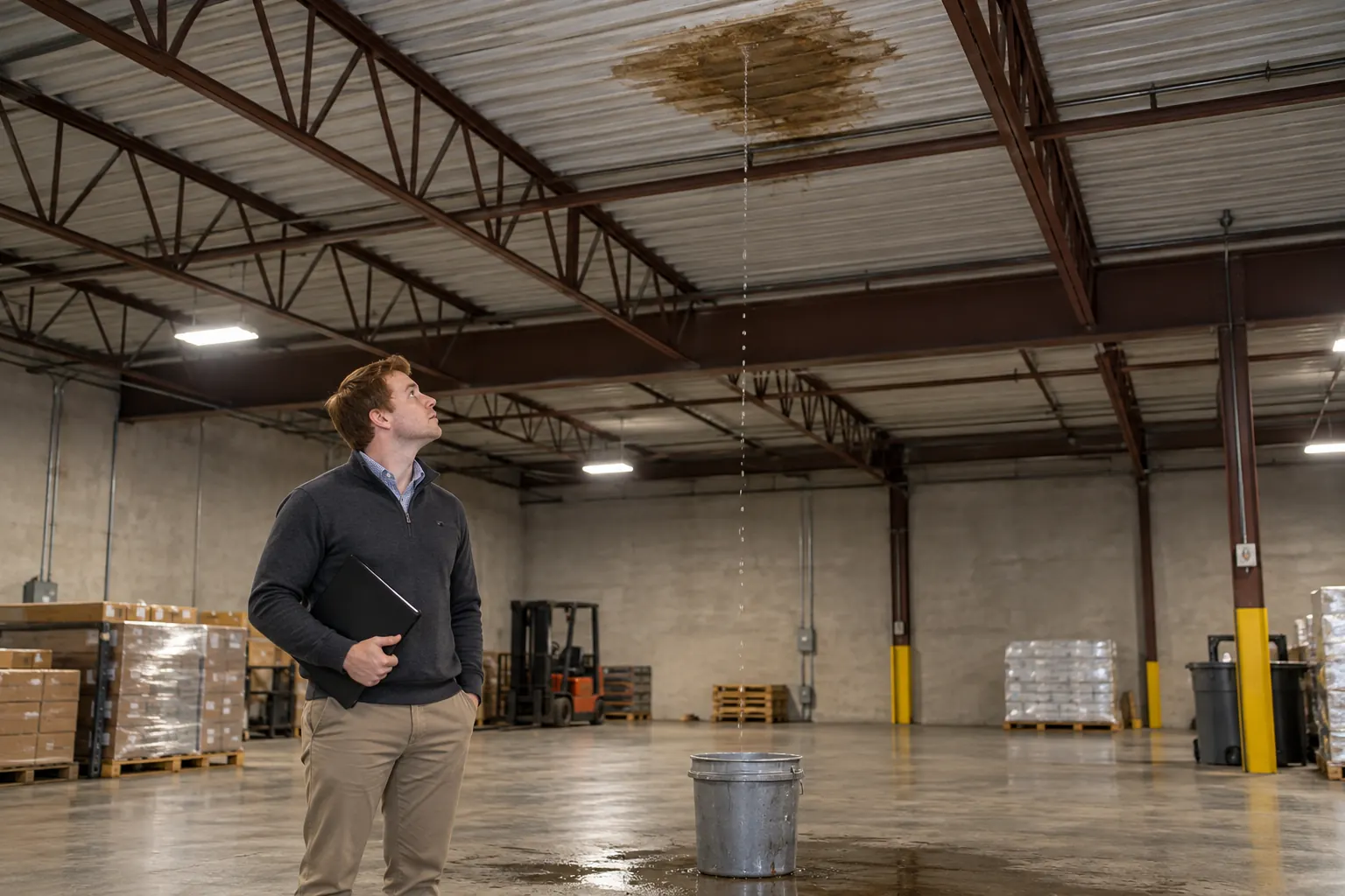 Property manager looking up at a water stain on a warehouse roof deck above a drip bucket